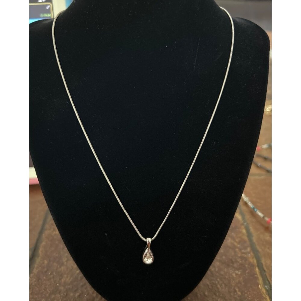 Silver Tone Teardrop Pendant Necklace 18" With Cubic Zirconia